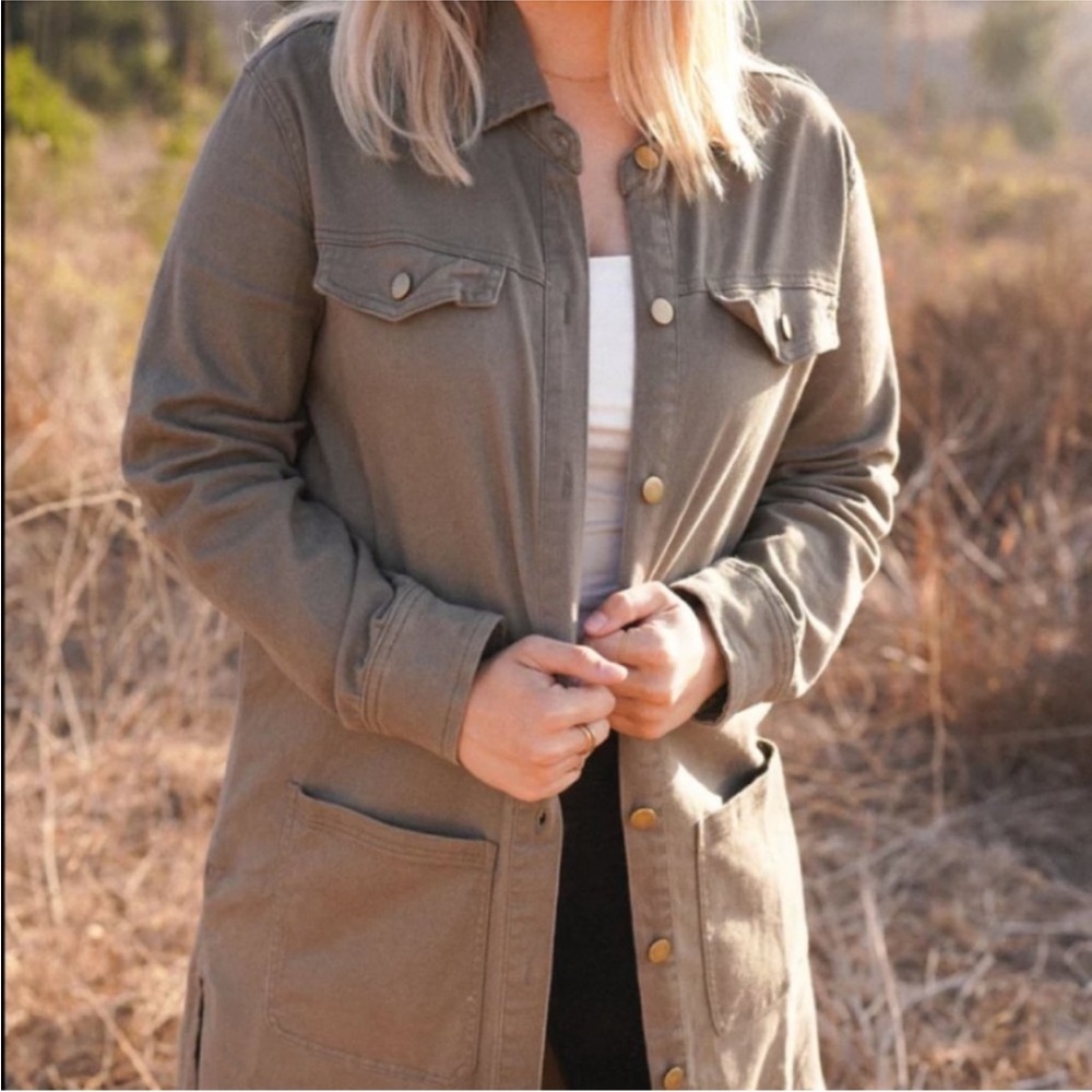 Women's long Olive Green Button-Up Jacket denim trench